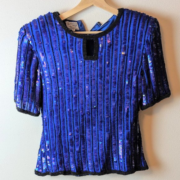 Vintage Stenay Blue Silk Sequined Top Size PL - Picture 2 of 7